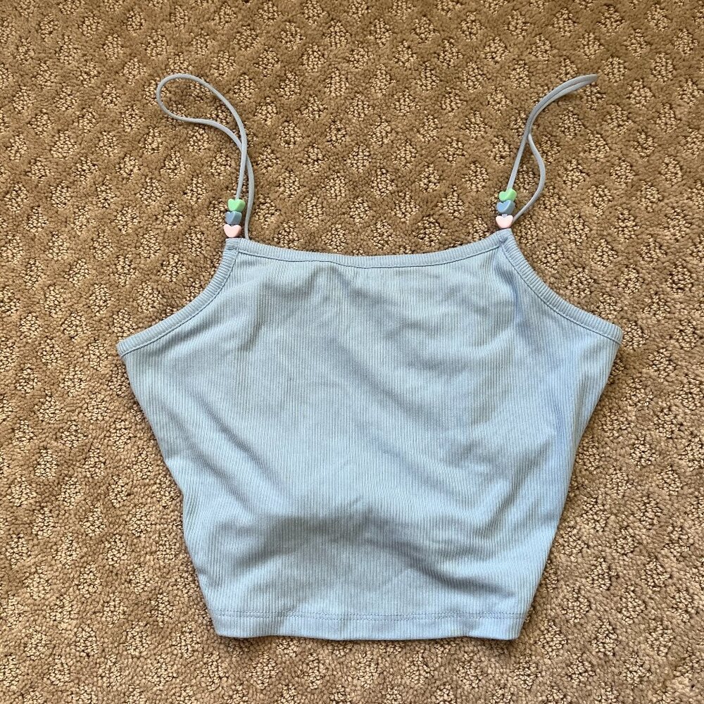 NEW Ardene Spaghetti Strap Tank Blue Ribbed Heart Beads Stretch 90s Size Small
